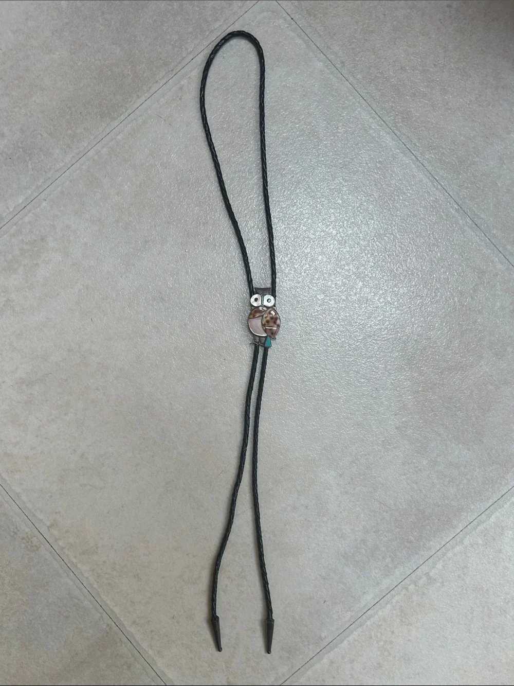 Vintage Black Leather Bolo Tie with Owl Concho